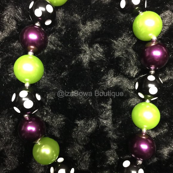 Black Polka Dot, Purple & Green Chunky Bead Necklace HAND CRAFTED